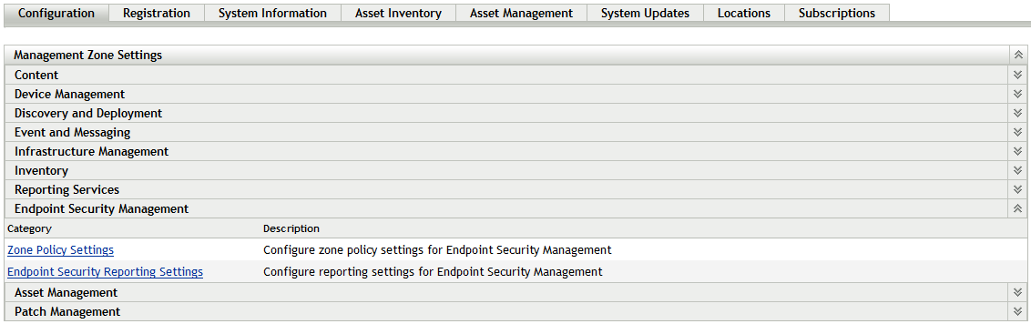 Endpoint Security Management panel