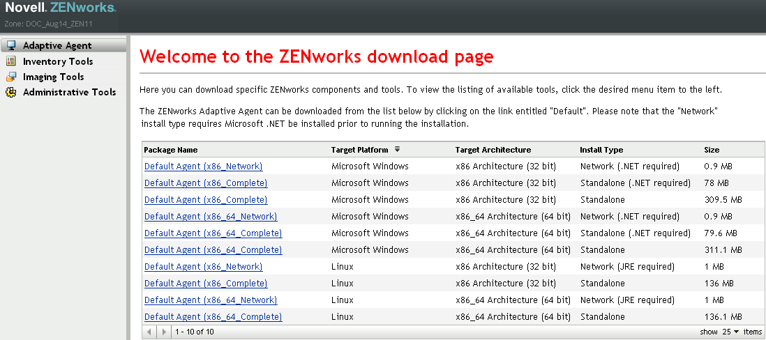 ZENworks Download page