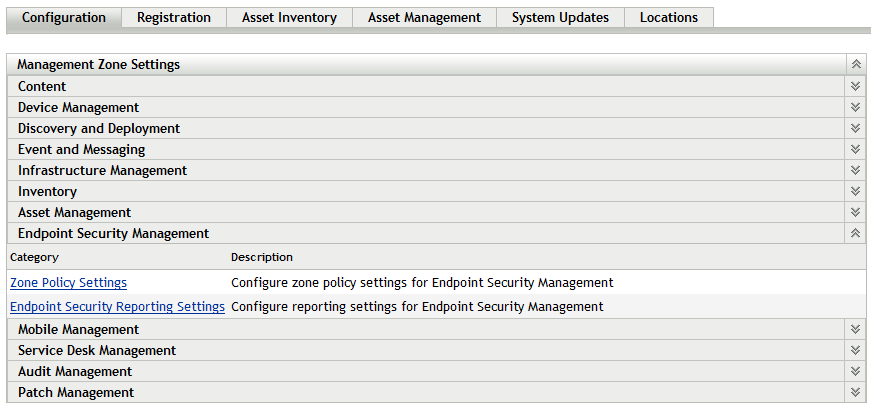 Endpoint Security Management panel