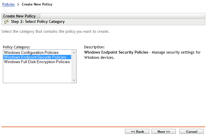 Select Policy Category page of the Create New Policy wizard