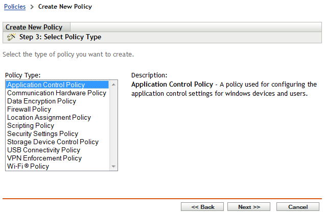 Select Policy Type page of the Create New Policy wizard