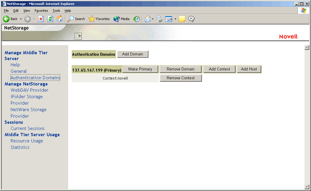 The Authentication Domains page of the NSAdmin utility.