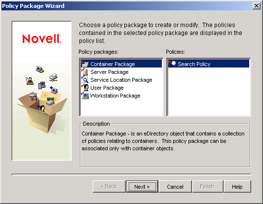 The Policy Package Wizard window showing the available policy packages in Desktop Management.
