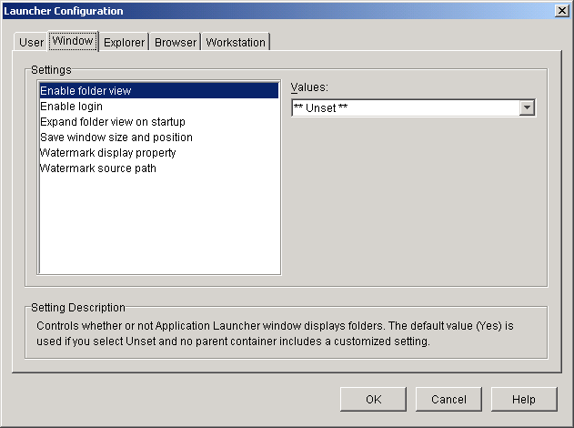 Launcher Configuration dialog box with the Window tab displayed