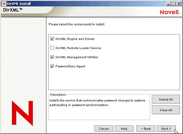 The component selection page of the Novell DirXML Installation Wizard showing the DirXML Engine and Drivers option, and the DirXML Management Utilities option, and the Password Sync Agent option selected.