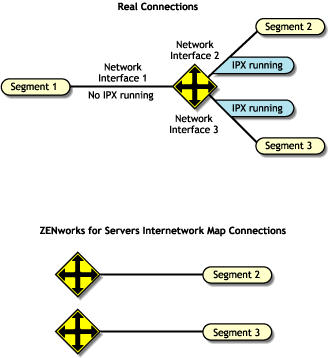 The real connections and Novell ZENworks Server Management internetwork map connections for an IPX router