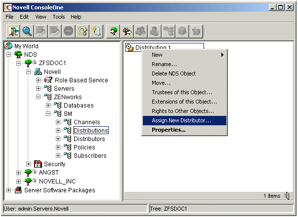 In ConsoleOne, a Distribution object selected and right-clicked, showing the Assign New Distributor menu option selected.