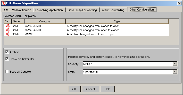 Edit Alarm Disposition - Other Configuration tab dialog box