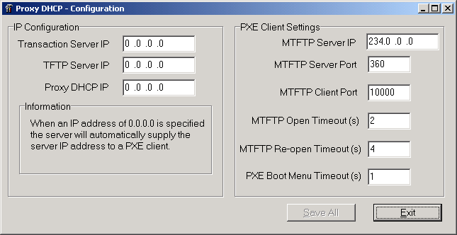 Proxy DHCP Configuration window
