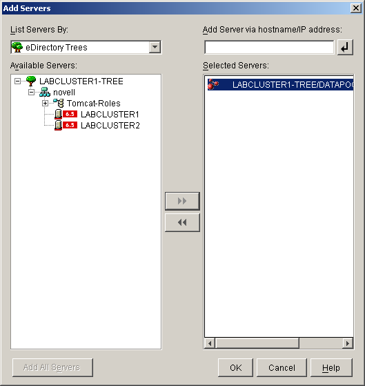The Add Servers dialog box showing the Virtual Server object added to the Selected Servers list.