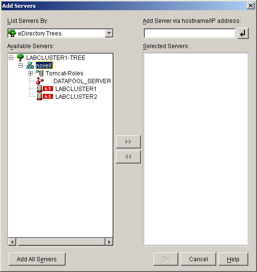 The Add Servers dialog box with the Virtual Server object visible in the tree structure.