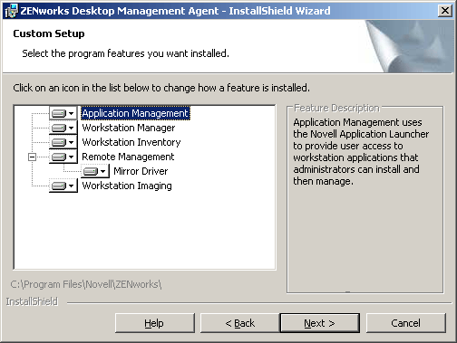The available features page of the ZENworks Desktop Management Agent installation wizard.