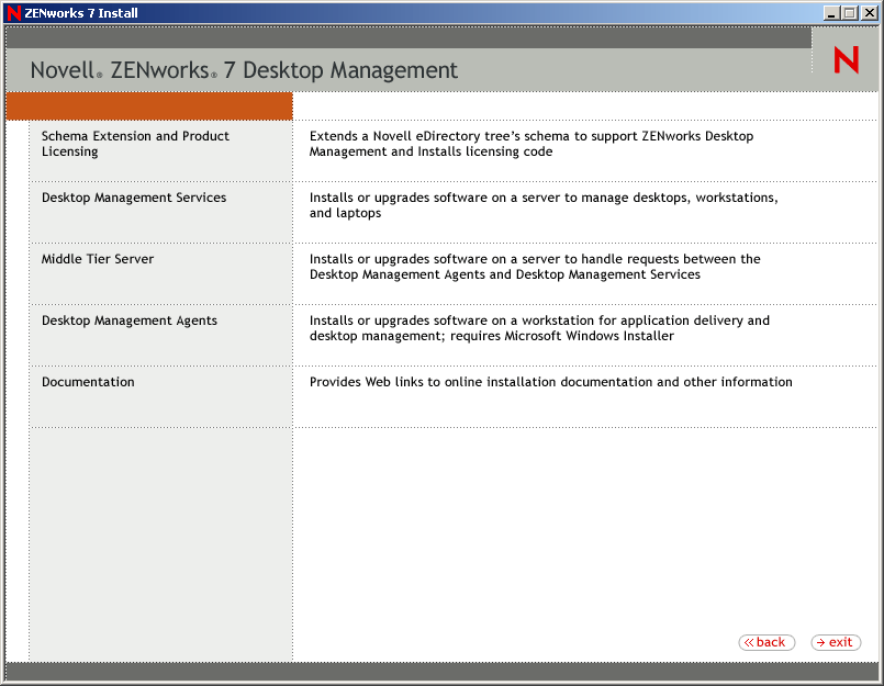 The ZENworks Desktop Management page of the ZENworks Installation Wizard. The page includes options for Schema Extensions and Product Licensing, Dekstop Management Services, Middle Tier Server, Desktop Management Agents, and Documentation.