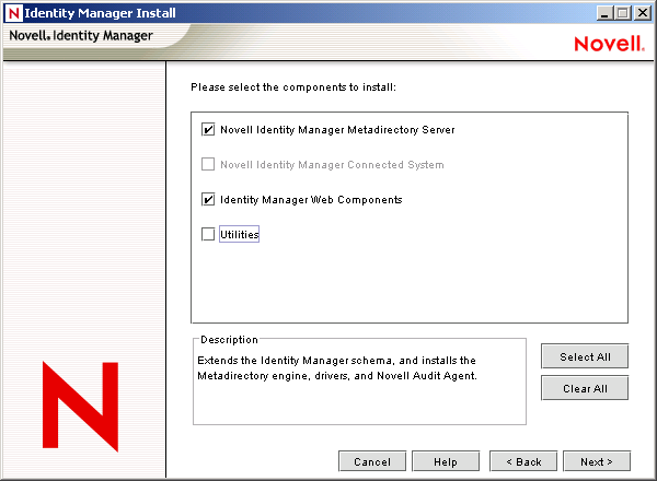 The component selection page of the Novell Nsure Identity Manager Installation Wizard showing the DirXML Engine and Drivers option, and the DirXML Management Utilities option, and the Password Sync Agent option selected.