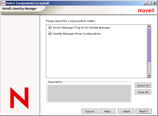 The Select Components to Install page of the Novell Nsure Identity Manager Installation Wizard.