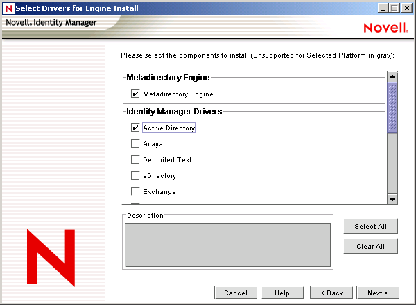 The Select Drivers for Engine Install page of the Novell Nsure Identity Manager Installation Wizard.