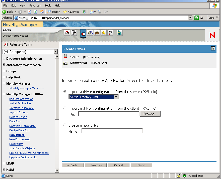 The Create Driver Wizard opened on the main page of Novell iManager. The ADDriverSet subpage is also opened.