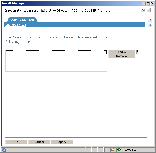 The Security Equals window of the Create Driver Wizard.