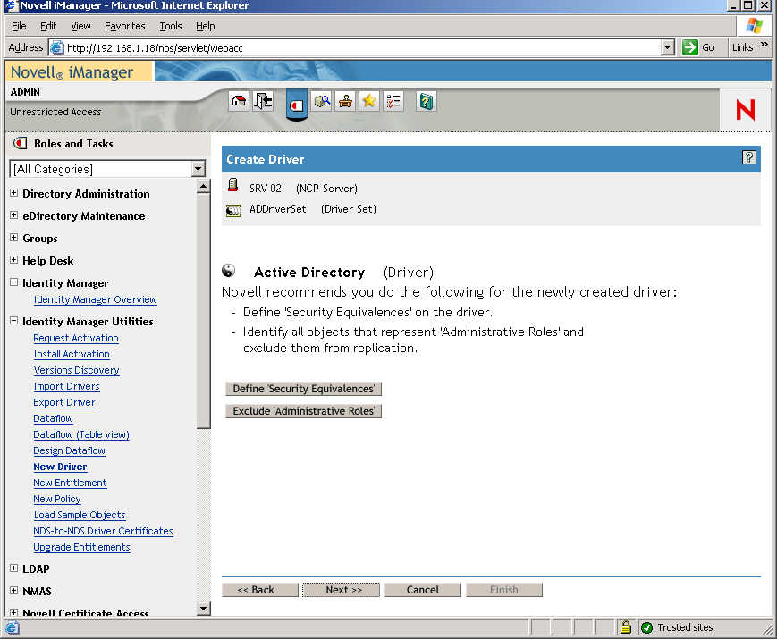 The Create Driver Wizard opened on the main page of Novell iManager. The Security Equivalences page is opened.
