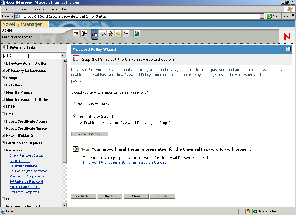 Step 2 page of the Password Policy Wizard in Novell iManager.