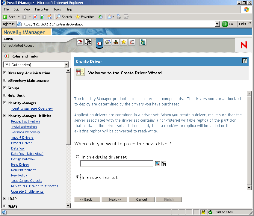 The Create New Driver Wizard pane opened on the main page of Novell iManager.