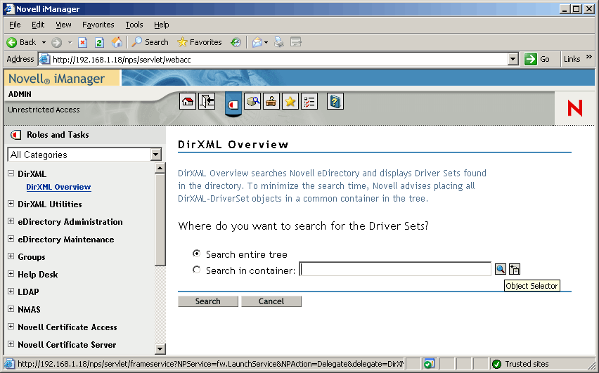 The DirXML Overview utility in Novell iManager.