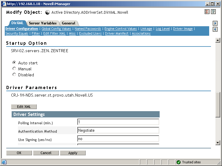 The Modify Object window of the DirXML Overview utility in Novell iManager.