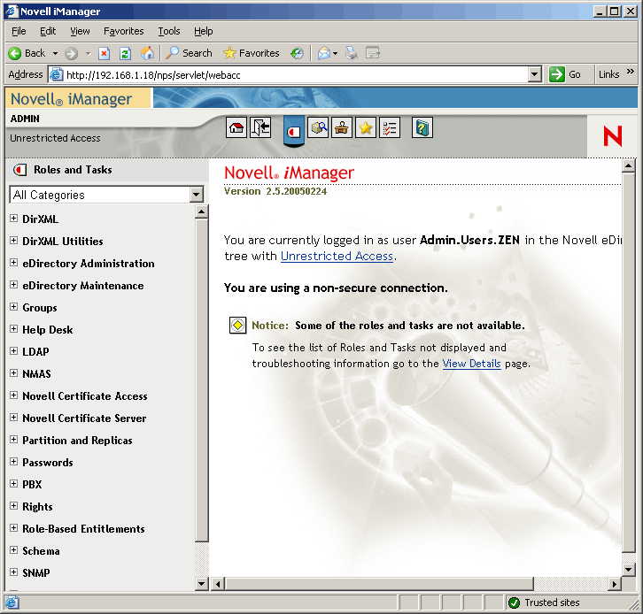 Novell iManager main page with the Roles and Tasks pane open.
