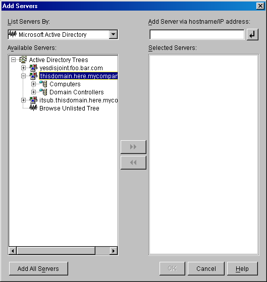 The Add Servers dialog box called from the Server Selection page of the ZENworks Middle Tier Server Installation wizard. The dialog box shows the Active Directory option in the List Servers By drop-down list.