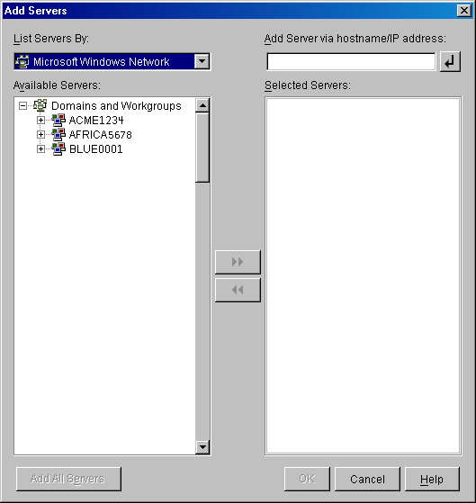 The Add Servers dialog box called from the Server Selection page of the ZENworks Middle Tier Server Installation wizard. The dialog box shows the Microsoft Domain option in the List Servers By drop-down list.
