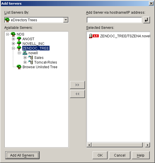 The Add Servers dialog box called from the Server Selection page of the ZENworks Middle Tier Server Installation wizard. The dialog box shows the eDirectory Trees option in the List Servers By drop-down list.