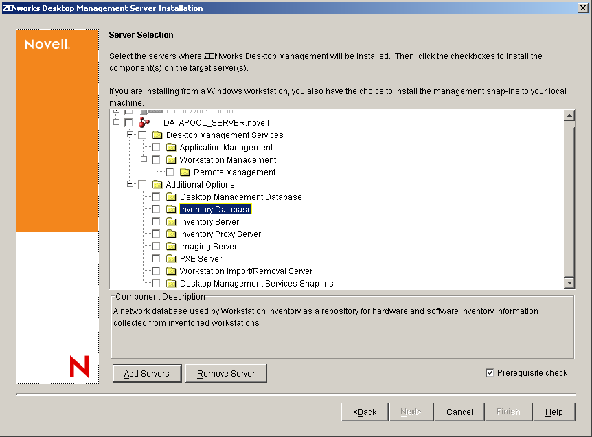 The Server Selection page of the ZENworks Desktop Management Services Installation Wizard. The available Desktop Management components are listed as installation options.