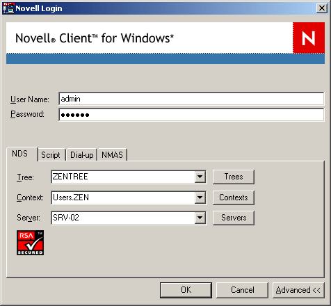 The Novell Client login dialog box with Advanced NDS login configuration open.