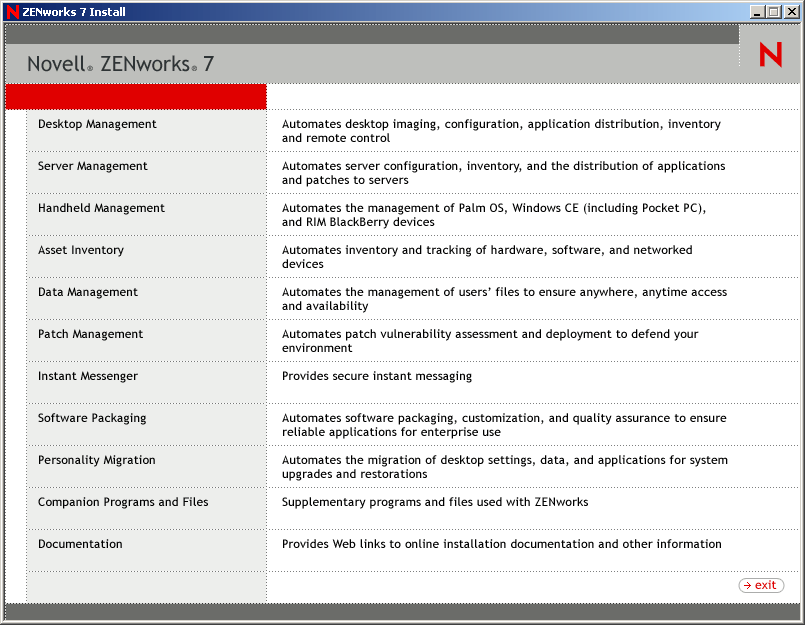 The opening page of the ZENworks installation program, showing the general installation options. The Desktop Management option is selected.