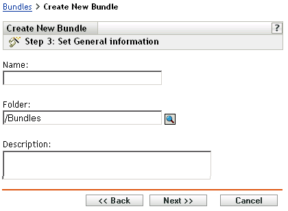 Step 3 for creating a new bundle: Set General Information (Name, Folder, and Description fields)