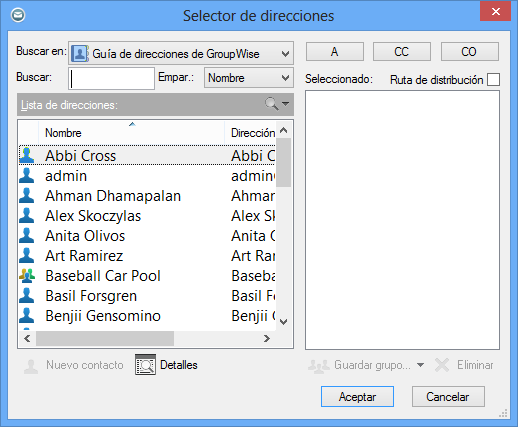Recuadro de diálogo Selector de direcciones
