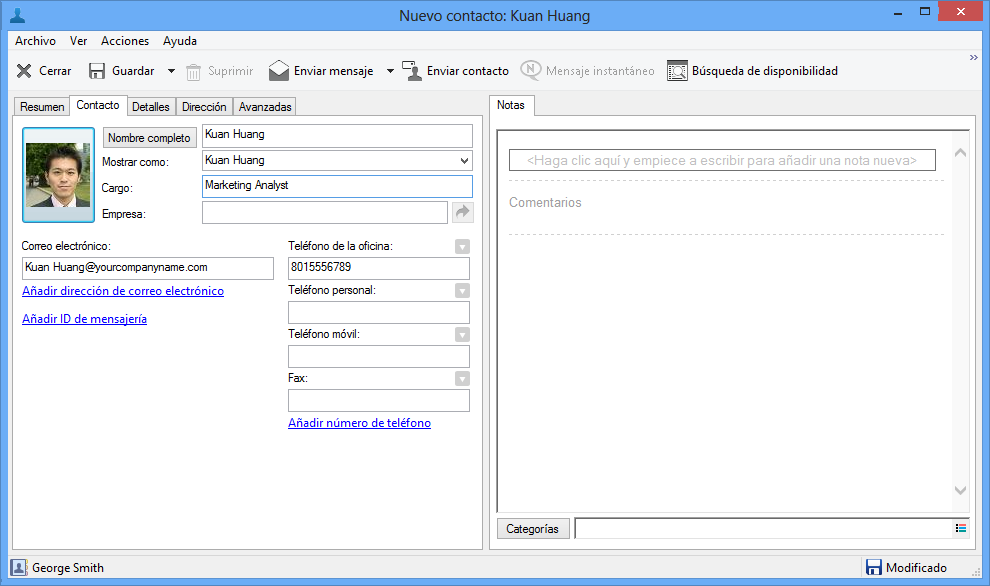 Propiedades del contacto con la pestaña Contacto
