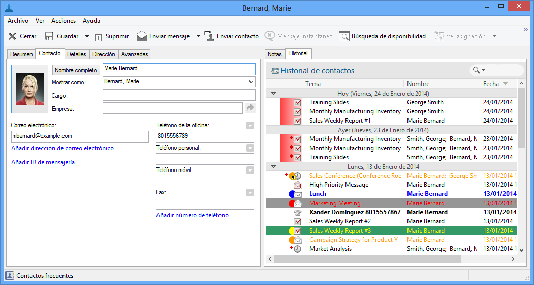 Propiedades del contacto con la pestaña Historial