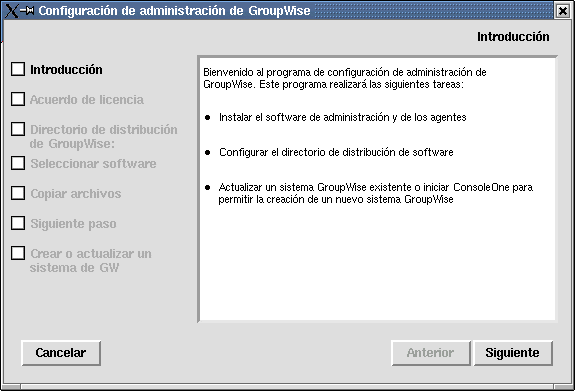 Página Introducción del Asesor de instalación de GroupWise en Linux