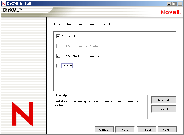 Página de selección de componentes del asistente de instalación del Gestor de identidades de Novell Nsure en la que se muestra la opción de los controladores y el motor de DirXML, y la opción de las utilidades de gestión de DirXML, y la opción del agente de sincronización de contraseñas está seleccionada.