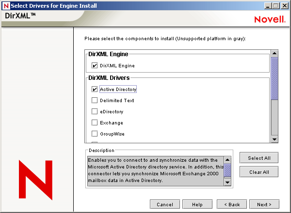 Página Select Drivers for Engine Install (Seleccionar controladores para la instalación del motor) del asistente de instalación de Gestor de identidades de Novell Nsure.