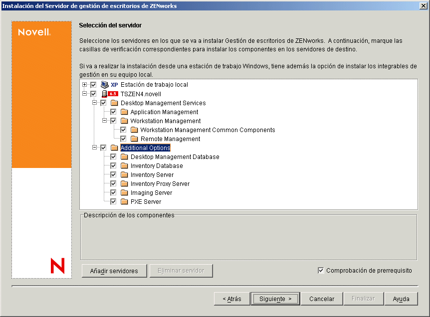 Página Selección del servidor del asistente de instalación de los servicios de ZENworks Desktop Management. Los componentes disponibles de Desktop Management se muestran como opciones de instalación.