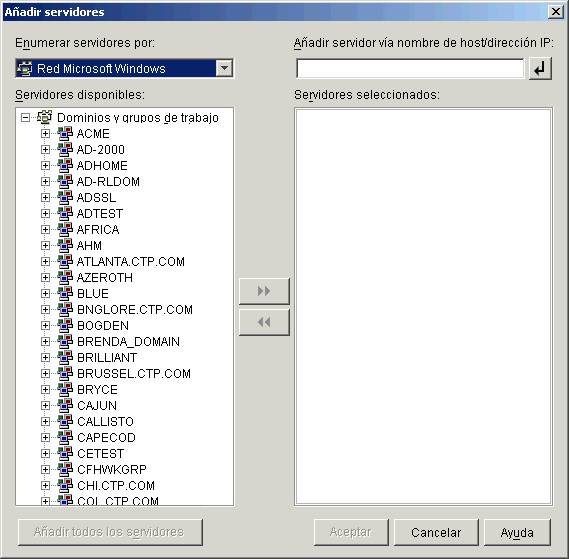 Recuadro de diálogo Añadir servidores llamado desde la página Selección del servidor del asistente de instalación del servidor de etapa intermedia de ZENworks. El recuadro de diálogo muestra la opción de dominio de Microsoft en la lista desplegable Enumerar servidores por.