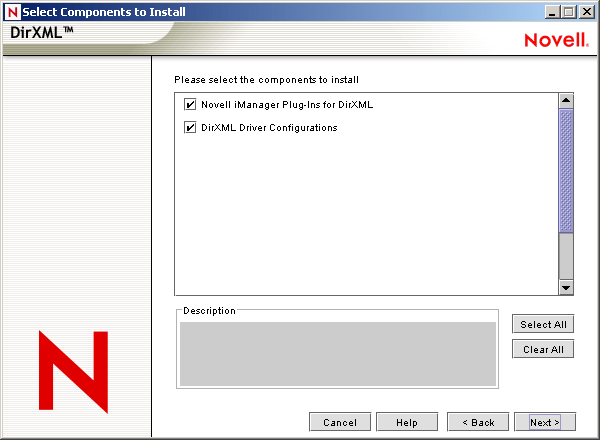 Página Select Components to Install (Seleccionar los componentes para instalar) del asistente de instalación del Gestor de identidades de Novell Nsure.