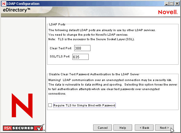 Página Configuración LDAP del programa de instalación de eDirectory.