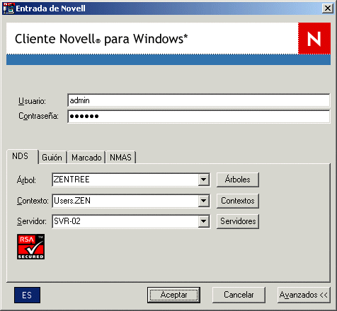 Recuadro de diálogo de entrada del Cliente Novell con la configuración de entrada de NDS avanzada abierta.