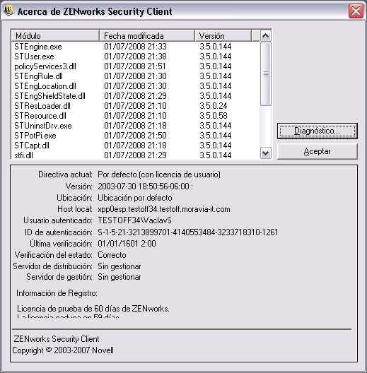 Endpoint Security Client About screen