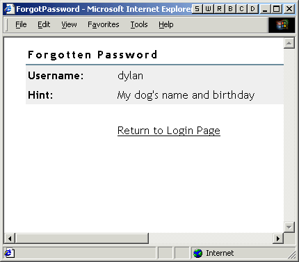 Page Mot de passe oubli, affichant un indice de mot de passe