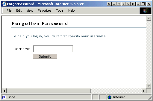 Page Mot de passe oubli permettant de saisir le nom d'utilisateur