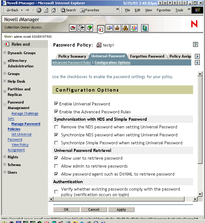 Interface des options de configuration du mot de passe universel